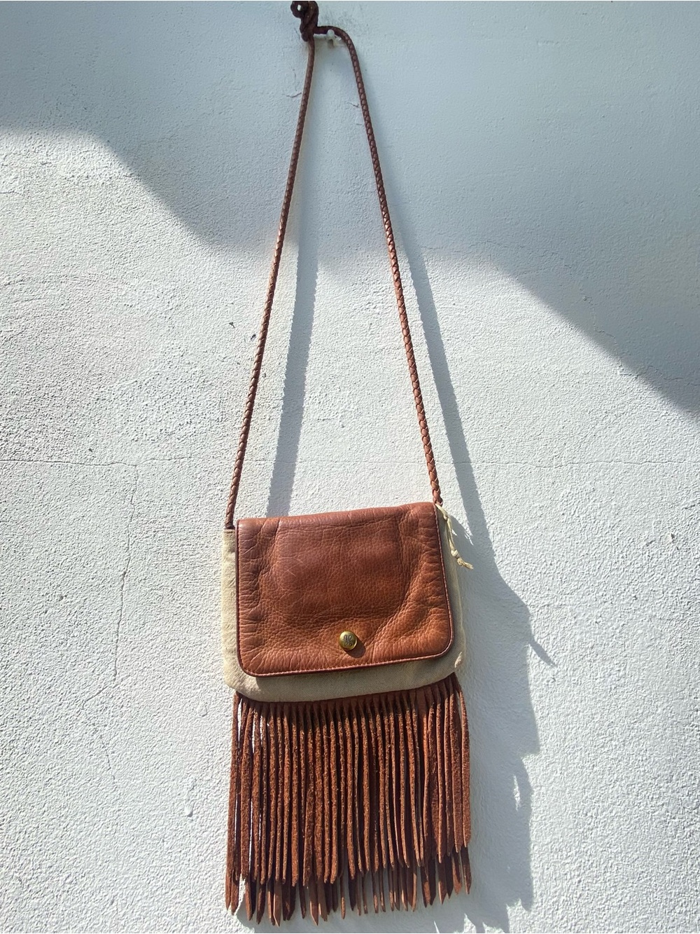 HOBO Tan Canvas & Cognac Leather Fringe Crossbody Bag
